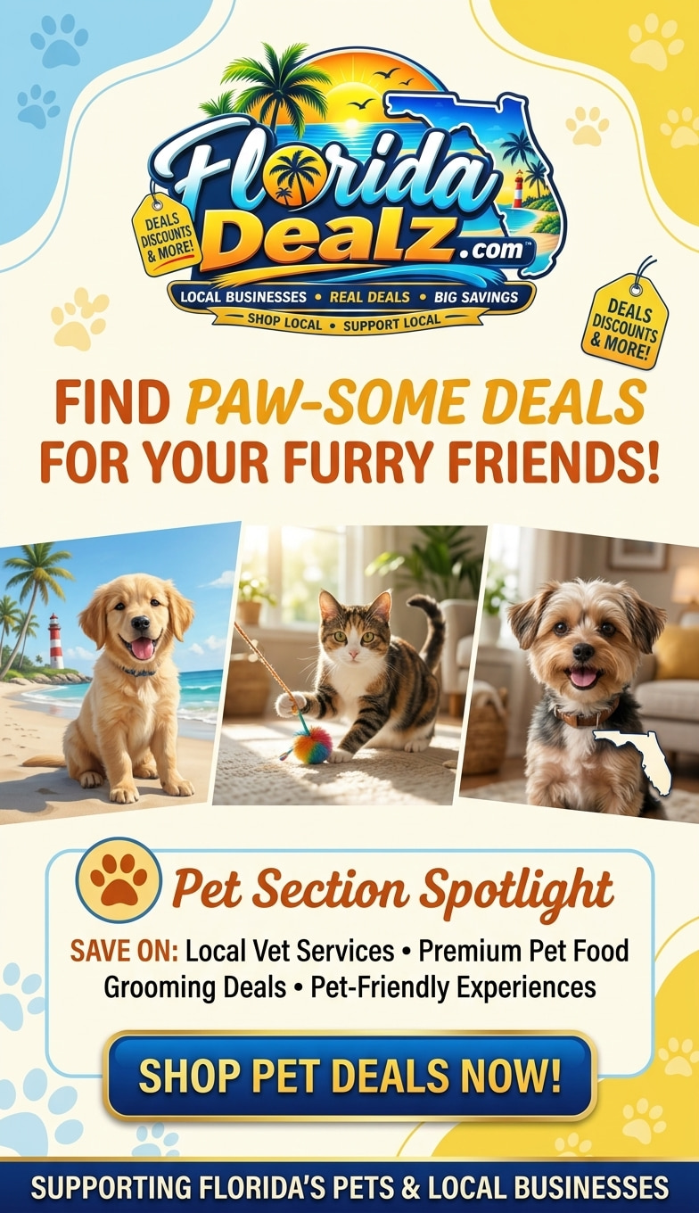 Florida Dealz pet section — find paw-some deals for your furry friends, with a pet section spotlight supporting Florida's pets and local businesses